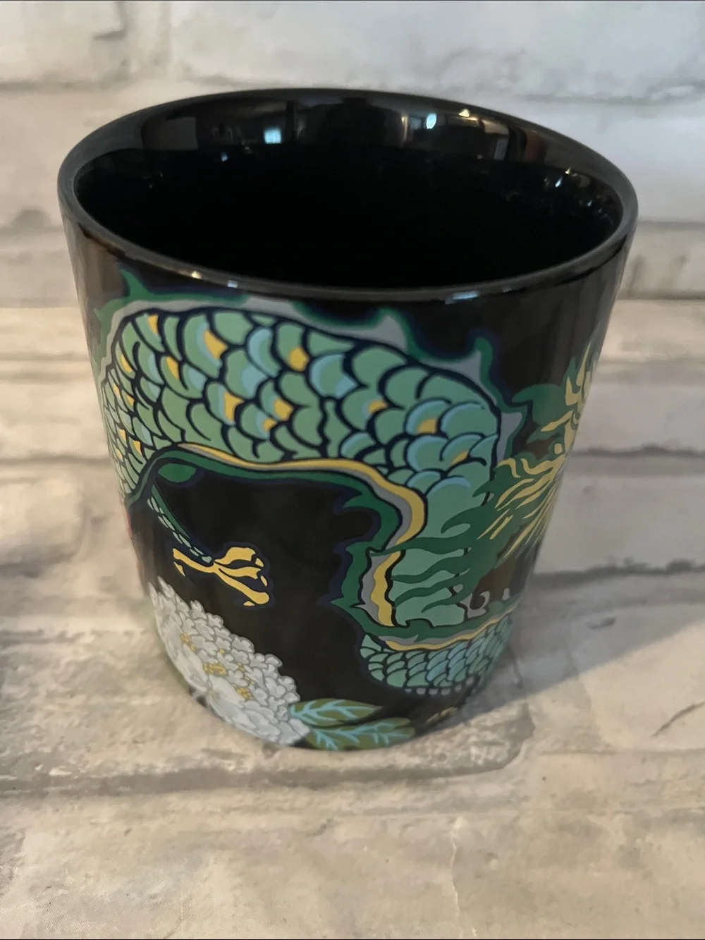 William Sonoma Dragon coffee mug 12 oz black bright color Schumacher